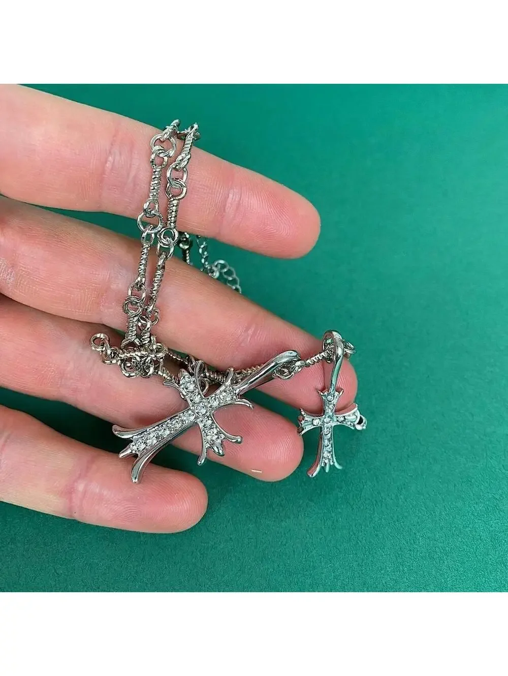 Double Cross Silver Necklace Rhinestone Cross. 19.5 inches length. Is